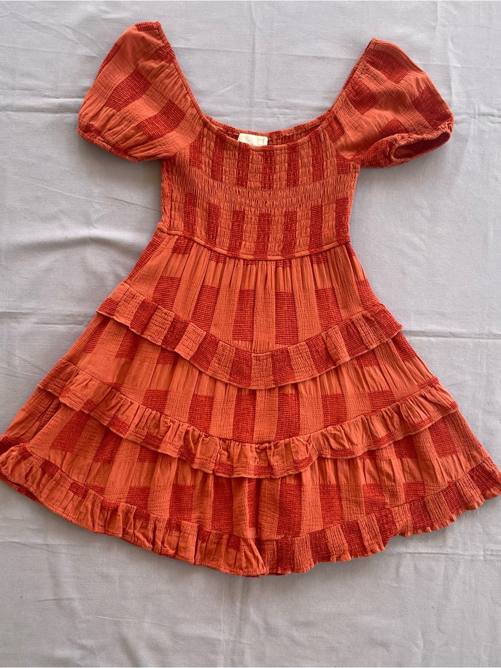 Altar'd State S Burnt Orange Smocked Ruffle Puff Sleeve Tiered Boho Mini Dress